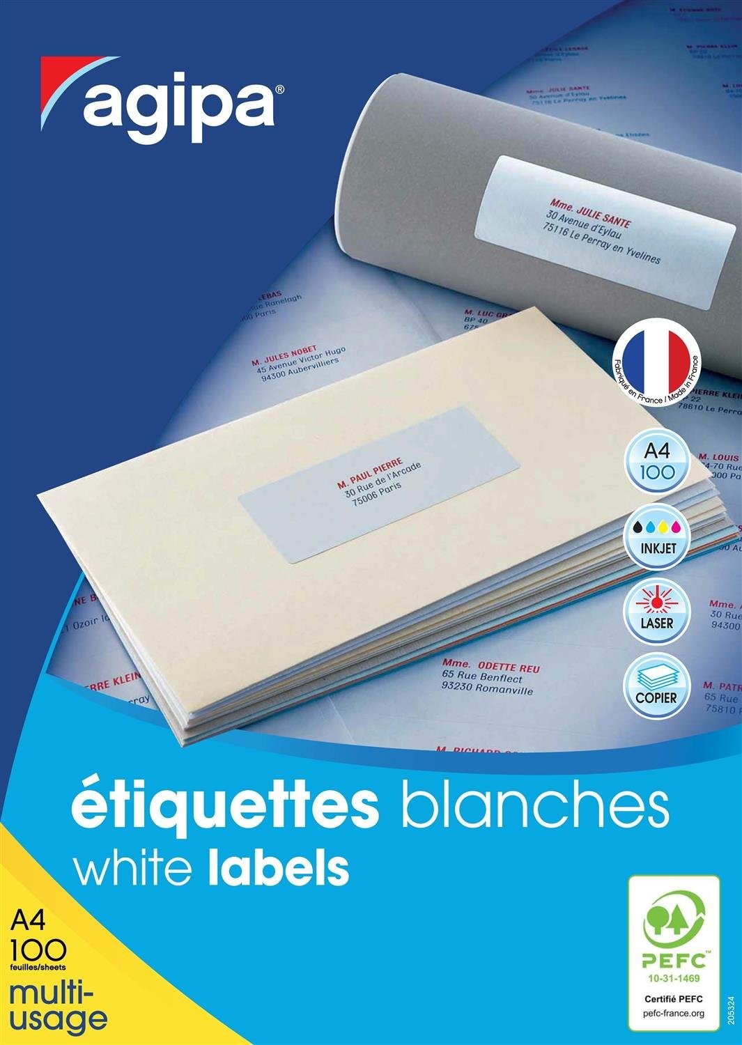 Étiquette 105x39 mm blanche pour impression A4 en boîte de 1400 pièces à coins droits