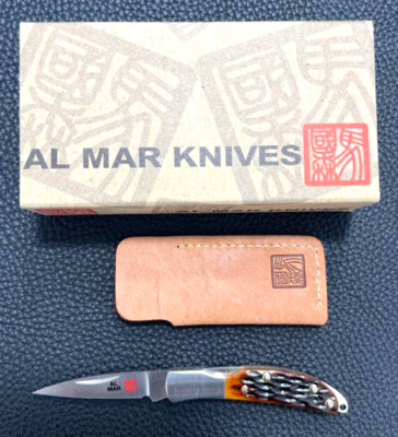 Al Mar Knife Ospray 1001HJB VG10 With Leather Case Rare Model Foldable Vintage