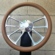 14" Billet 4 Spoke Steering Wheel W/ Tan Vinyl Half Wrap and Plain Horn