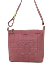 Authentic CHANEL Pink Chocolate Bar CC Logo Lambskin Shoulder Bag Handbag Small