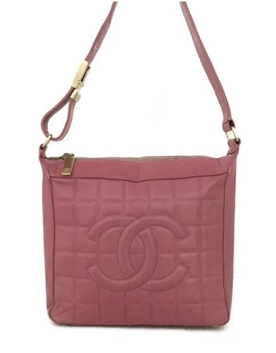Authentic CHANEL Pink Chocolate Bar CC Logo Lambskin Shoulder Bag Handbag Small