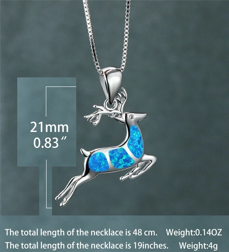 Colar pingente de alce de veado opala azul cor prata 16" corrente chifres de animais fivela - Imagem 3 de 4