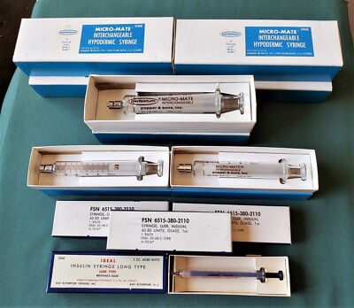 Vintage Glass Syringes 11ct NOS NEW NIB Luer Tip Interchangeable 1cc, 10cc, 20cc