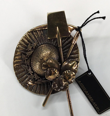 Vintage Ermani Bulatti Gardening Hat Tools Brooch Pin Copper Tone w/ Tags