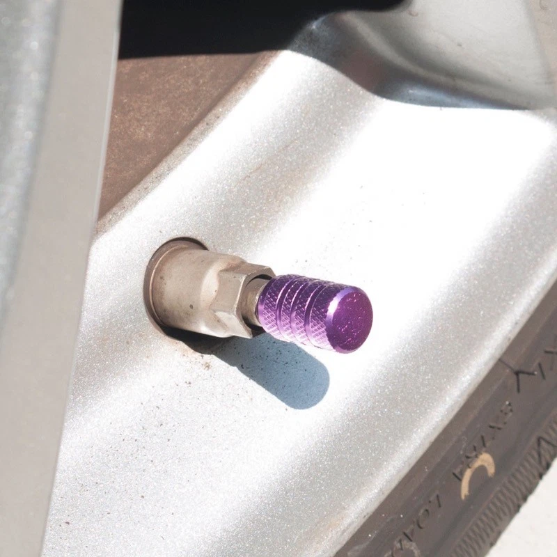 Juego de 4 tapones de válvula de neumático antipolvo de aluminio con sello de anillo de goma antideslizante púrpura para vehículo Foto 2 de 4