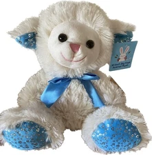 NWT 10" Plush Stuffed Lamb, White W/Blue Bow/Ears/Feet Sits 10" Tall