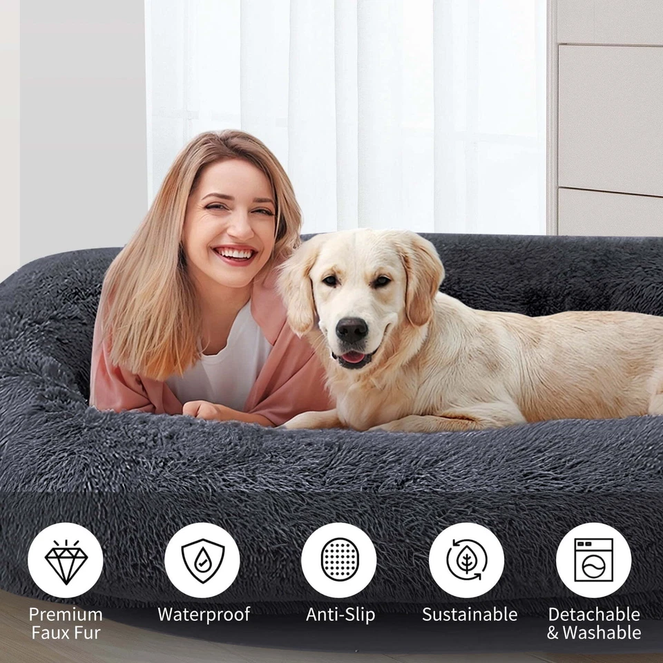 Cama lavable para perro humano de gran tamaño cama calmante con manta de almohada alfombra suave Foto 2 de 4