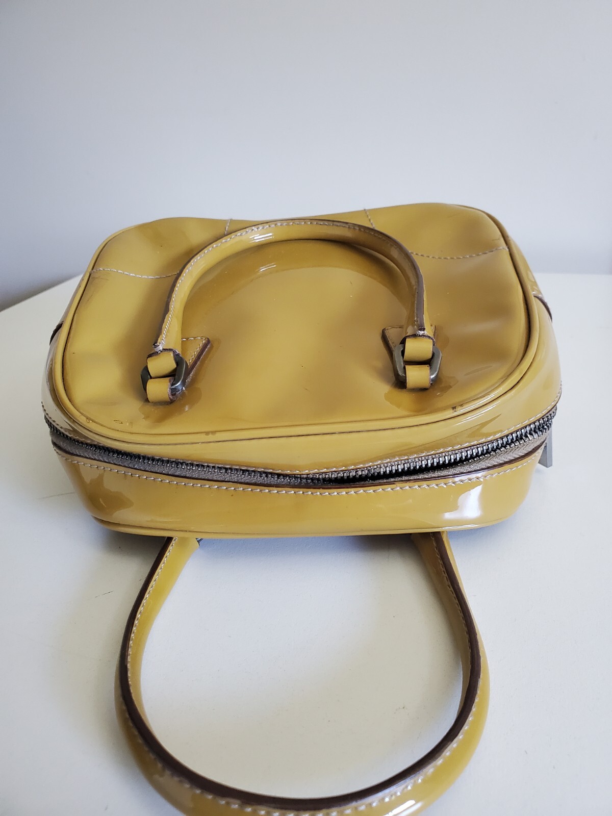 PRADA Patent Leather Bauletto 24 Mini Bag Mustard Yellow Brown Small Handbag  thumbnail 11