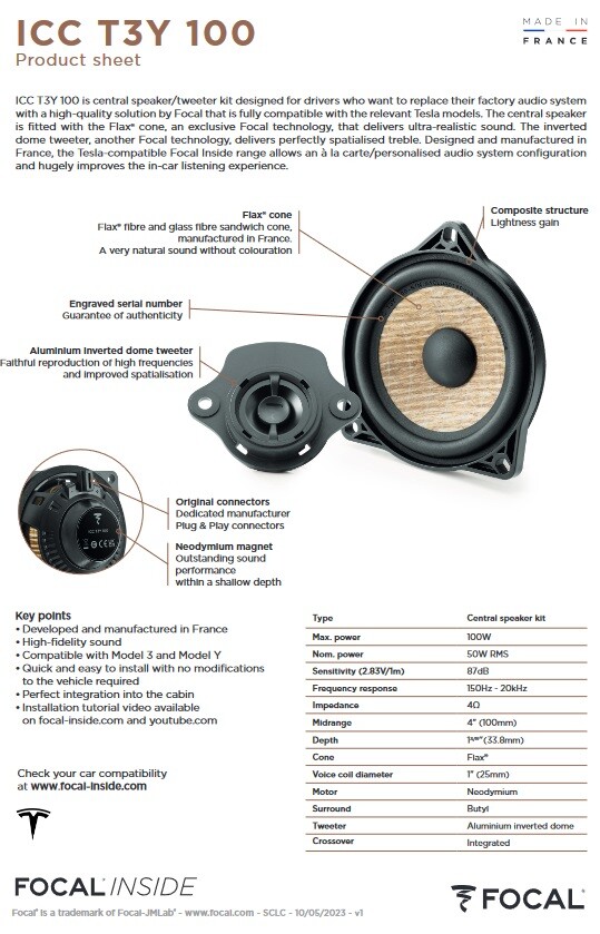 Focal ICC T3Y 100 Tesla Model 3/Y | Altoparlante Centrale Hi-Fi Plug & Play