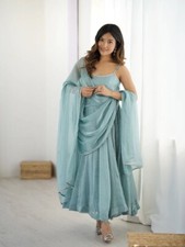 Latest Designer Crunch Silk Powder Blue Gown Bottom And Dupatta For Wedding Wear