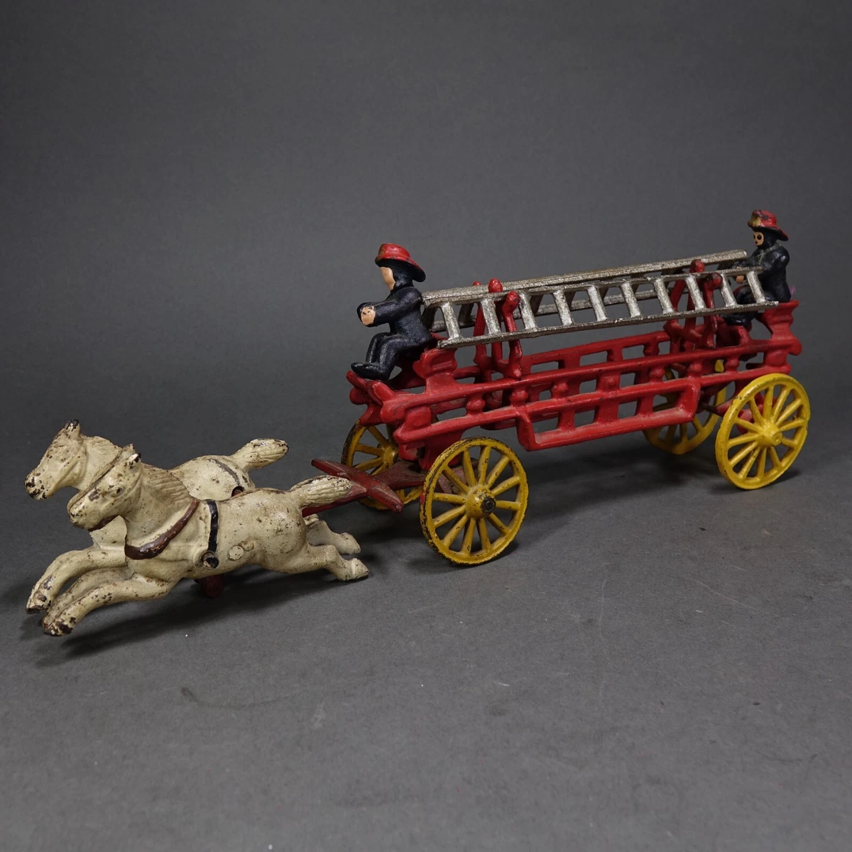 Vintage Cast Iron Hand Painted Hook and Ladder Horse Drawn Fire Wagon Toy