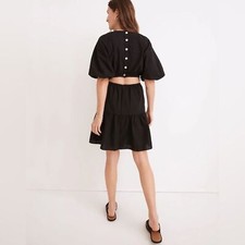 Madewell Seersucker Back Cutout Summer Dress Button Back Puff Sleeve Black L