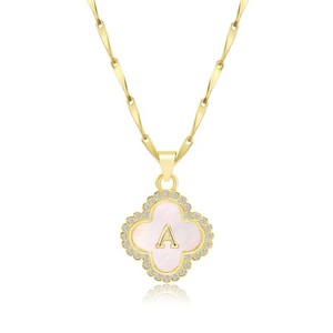 Authentic Initial Necklaces for Women, 14K Gold Plated Four Leaf Clover Natural Shells ...