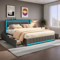 Polsterbett 140X200Cm Doppelbett Mit ：Stauraum 4 Schubladen Mit-Led&Usb Kopfteil