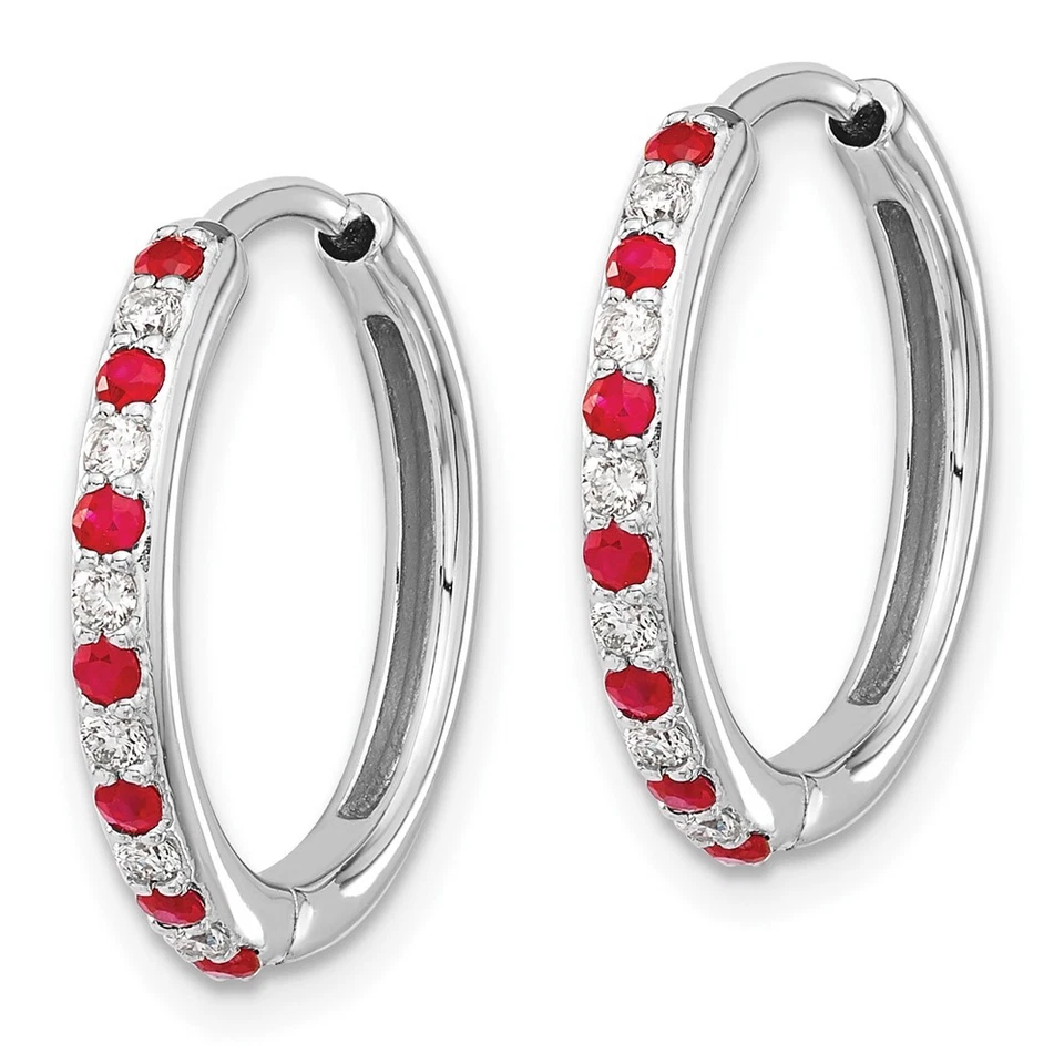 14k White Gold 1/5 Ct Lab Grown Diamond & Lab Created Ruby Hinged Hoop Earrings - Image 2 of 3