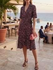 GANNI $225 Ditsy Pink Floral Black Crepe True Wrap Side Tie Casual Dress Size 42