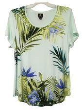 JM Collection Womens Size L Tropical Water Palm Print Short Sleeve Neck Top