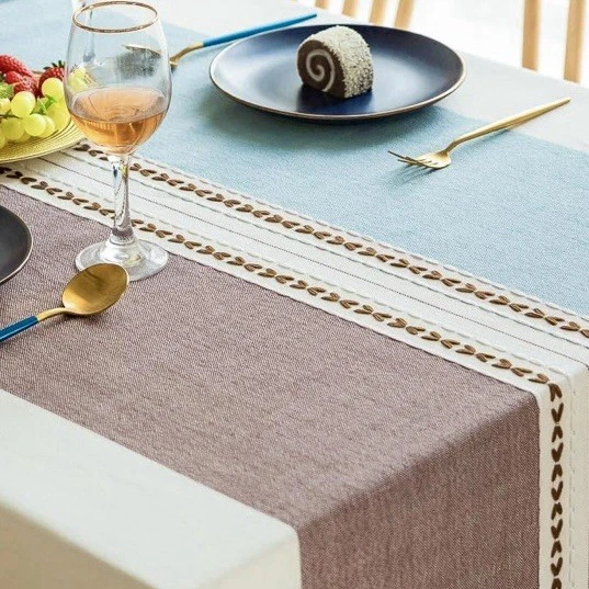 NEW Square Tablecloth 55" x 55" Cotton Linen Blend Off White Brown Blue Stripe - Image 3 of 4