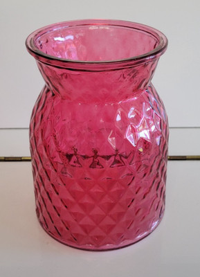 RASPBERRY PINK ROSE ARRANGEMENT FLOWER VASE DIAMOND POINT 6.25 INCHES