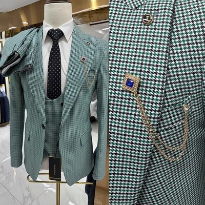 Houndstooth Men Suits Regular Fit Formal Peak Lapel Single Breasted Flap Jacket