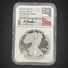 2022-W Silver Eagle NGC PF70 Advanced Release Gaudioso Hand Signed-West Pt. Mint