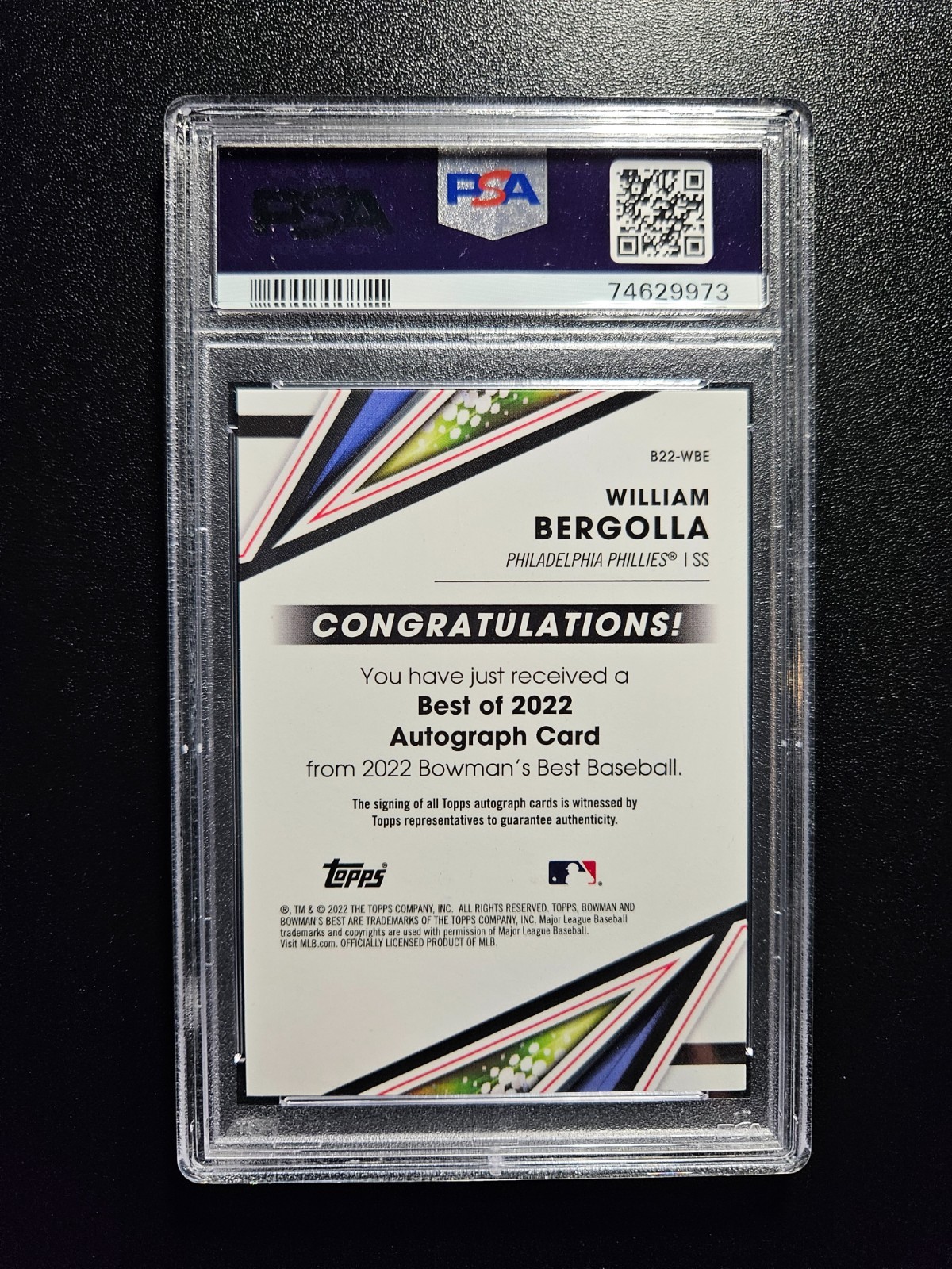 2022 Bowmans Best William Bergolla Rookie Auto Atomic Refractor /25 PSA 9 view 3
