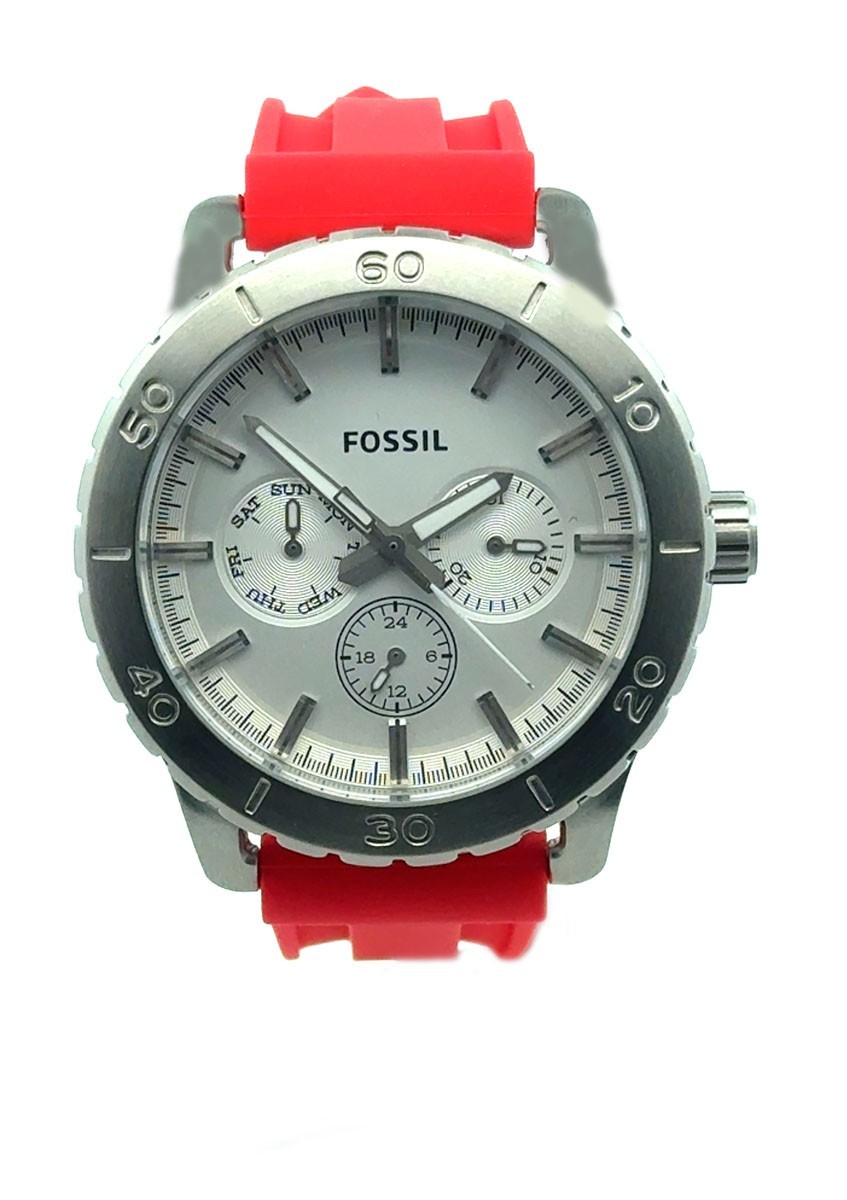 Fossil BQ1623 Silver Dial Red Rubber Strap Quartz Men's Watch | eBay