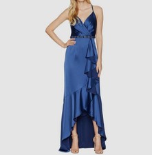Adrianna Papell Women's Blue Sleeveless V-Neck High Low Gown Dress Size 14