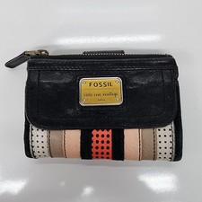 Vintage Fossil Wallet 6x4 Genuine Leather Black Distressed Colorful Strip Accent