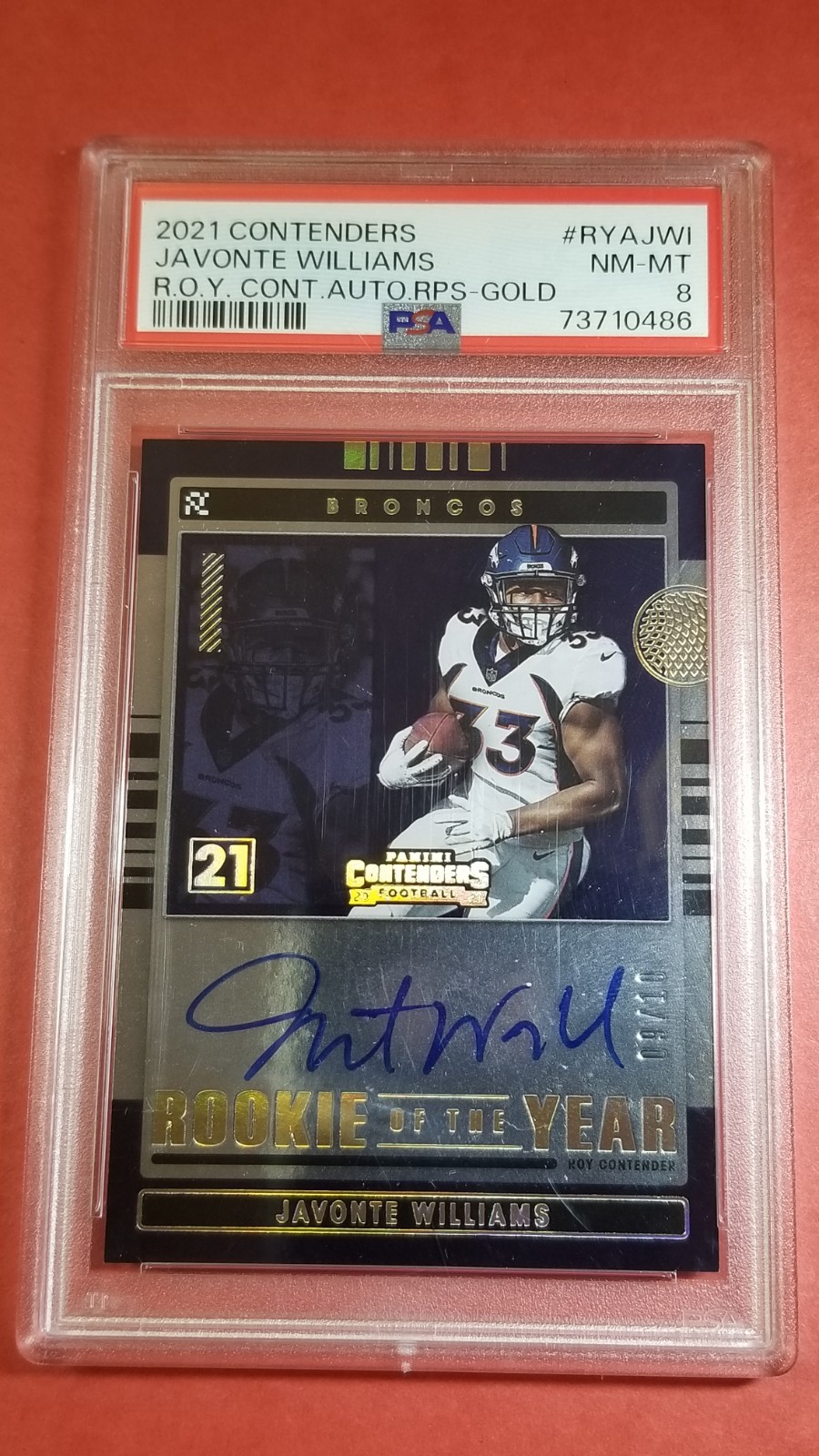 Javonte Williams Panini Contenders Rookie of the Year Contenders Autographs Rps #RYAJWI Gold
