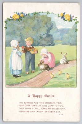 Ostern Kinder Hasen Küken Vers von Emilie E. Postkarte