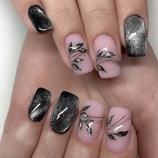 Medium Press on Nails Square - Black Fake Nails with Leaf Design - Black Leaf