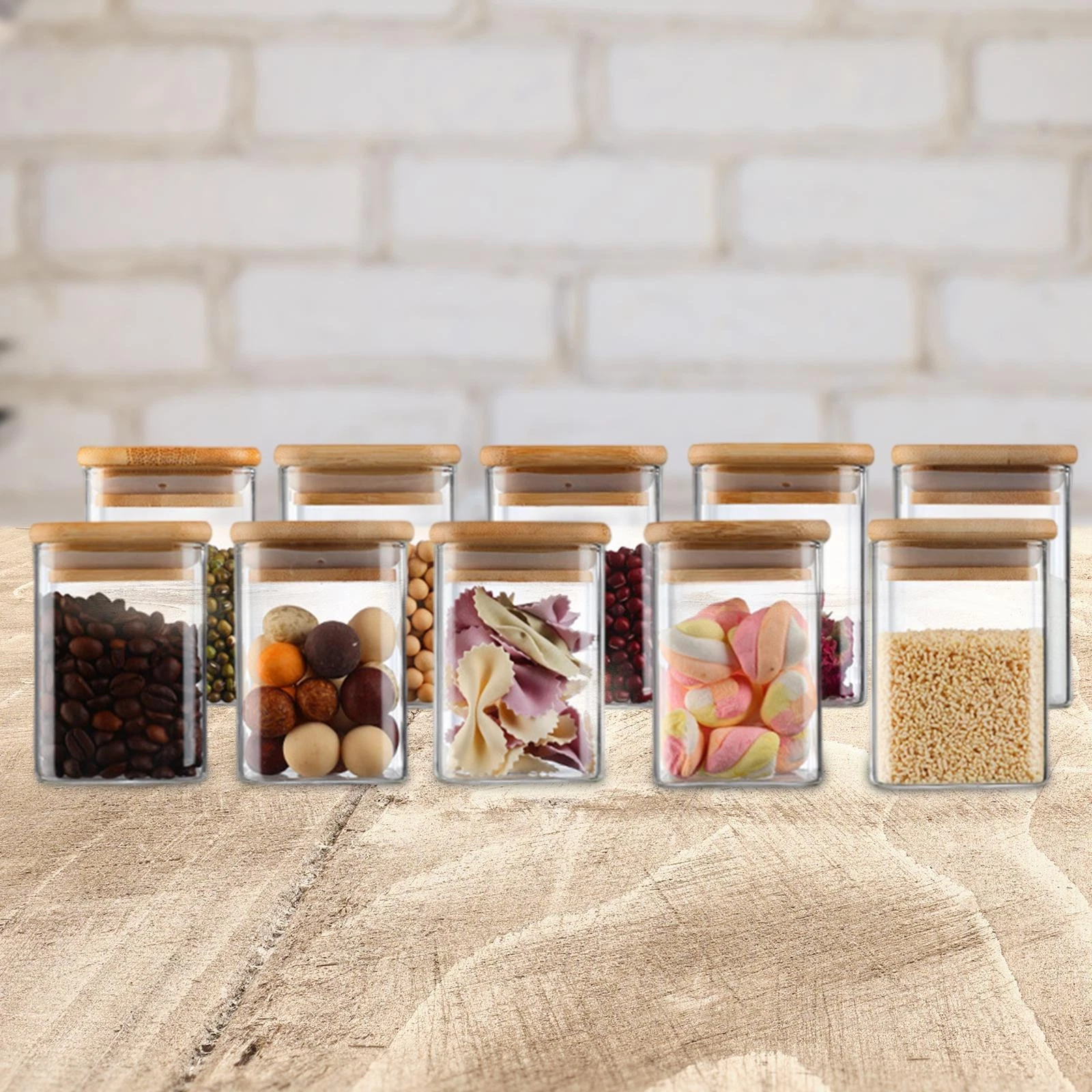 10Pcs Food Storage Jars with Bamboo Lids Pantry Organizer Multifunctional Glass