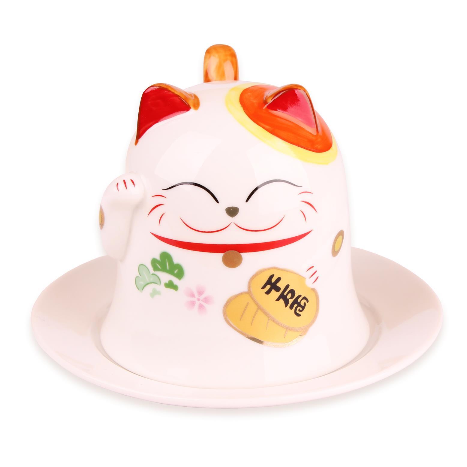 Tasse Maneki-Neko Design Japanische Glückskatze aus Porzellan - inkl. Untertasse