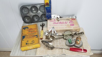 Lot #1 Antique Kitchen Ateco Egg Beater Madeleine Tin Cookie Measure Spoons 12pc