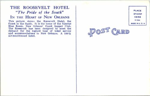 NEW ORLEANS, LOUISIANA - ROOSEVELT HOTEL & BLUE ROOM - VINTAGE LINEN POSTCARD - Picture 2 of 2