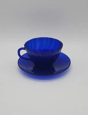 Duralex Vereco France Cobalt Blue Glass Rivage Swirl Teacup And Saucer Set