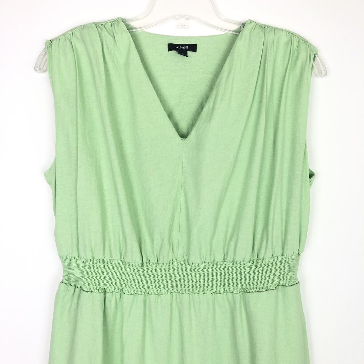ALFANI Green Sleeveless Smocked Waist Maxi Dress V Neck Linen Blend Size  Large | eBay