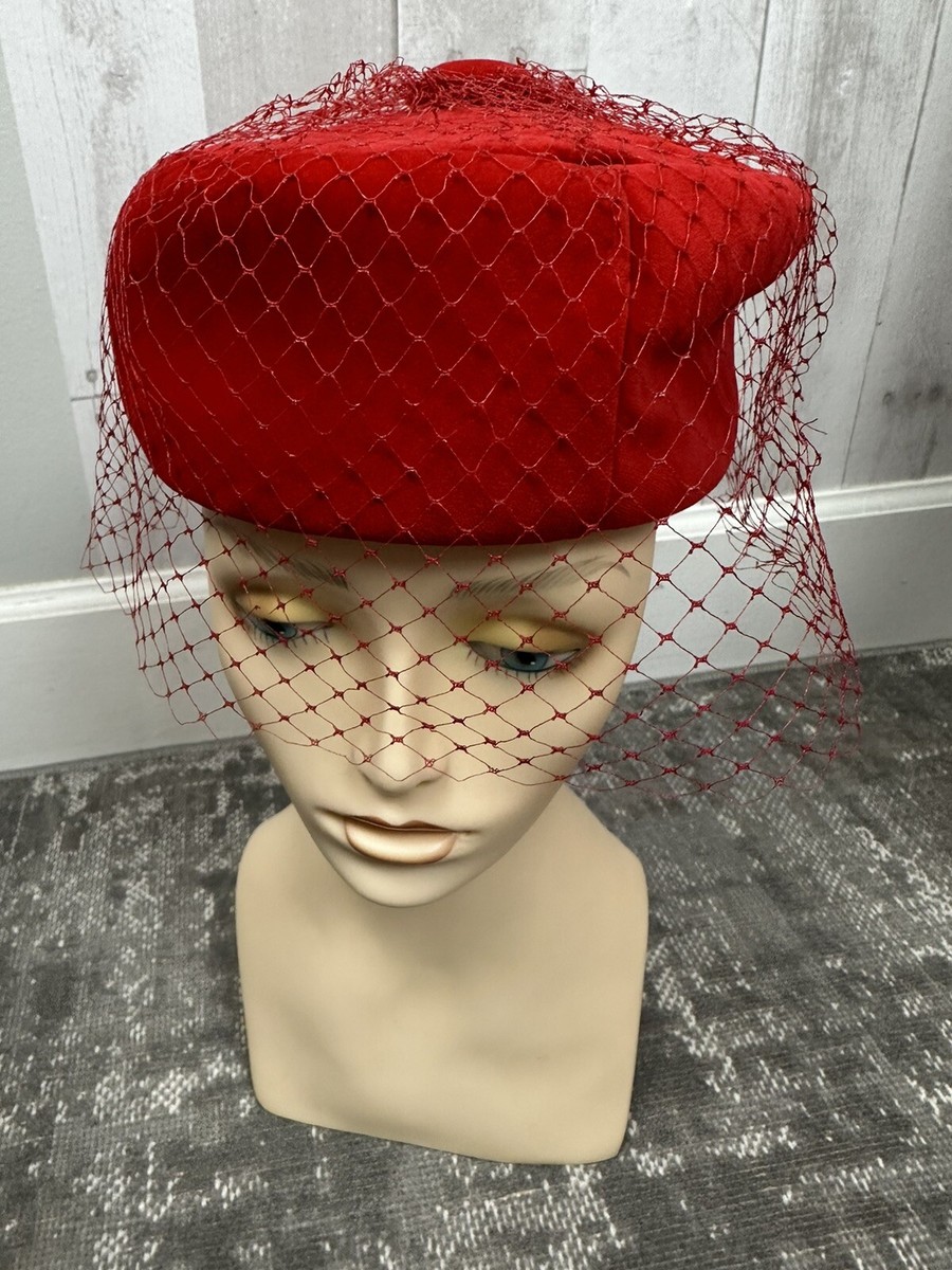 Vintage 1950-60s Red Velvet Pillbox Hat w/ Birdcage Veil  display picture 1