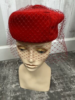 Vintage Miss Eileen Red Draped Pill Box Red Velvet Hat Vintage Midcentury Red Velvet Pillbox Hat Vintage Red  main image 4
