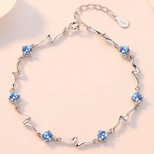 925 Sterling Silver Crystal Stone Linked Charm Bracelet Women Jewellery