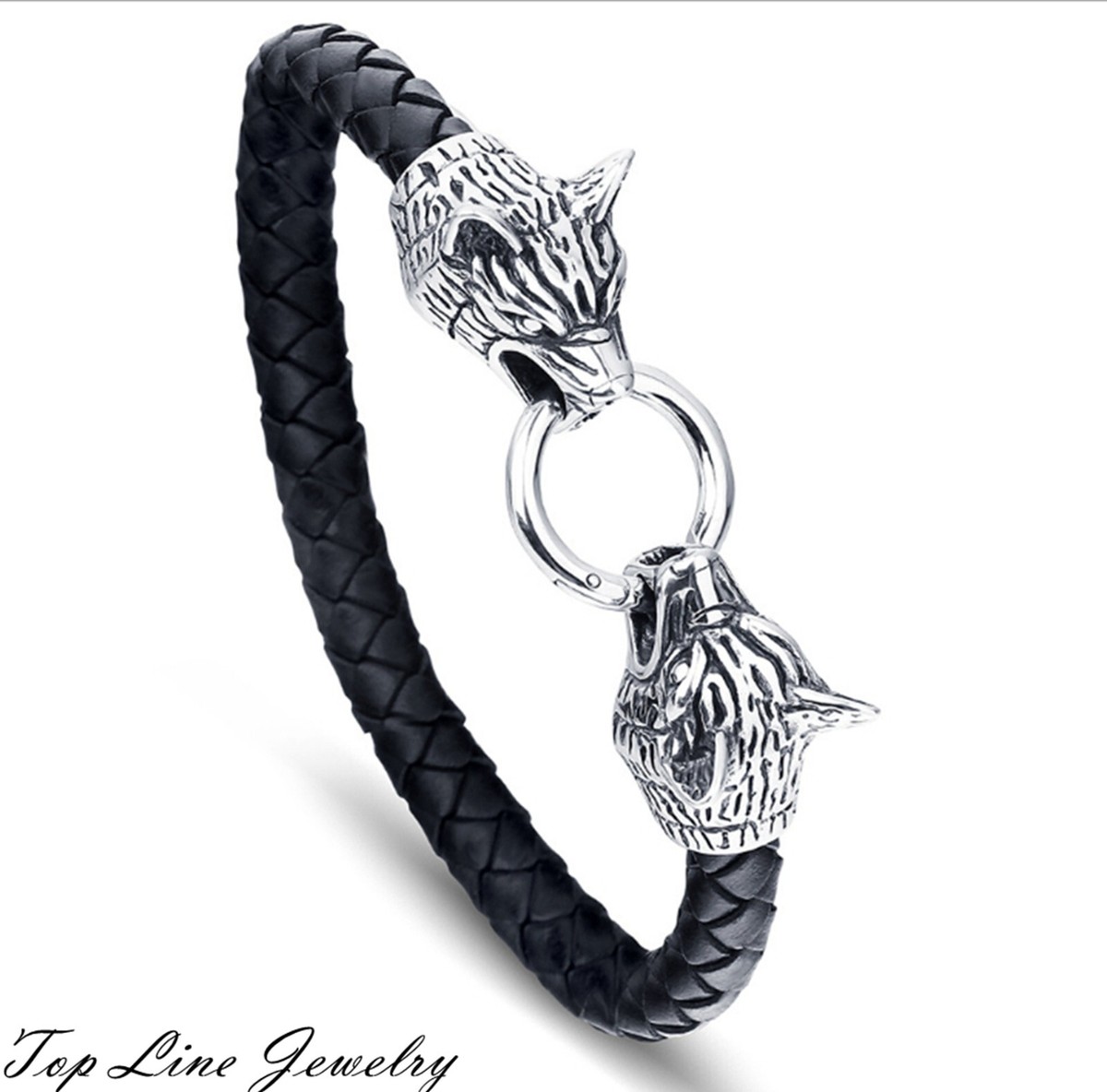 Men Stainless Steel Wolf Head Black Braided Leather Silver Bangle 