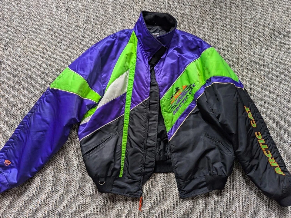 Chaqueta de moto de nieve vintage ARCTIC CAT abrigo XLT TOP CAT negro lima púrpura años 90 Foto 3 de 4