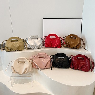 PU Leather Cloud Pouch Bag Drawstring Women Clutch Purse Pleated Solid Tote Bag