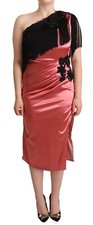 DOLCE & GABBANA Dress Pink One-Shoulder Silk Tassel Fringe Gown Midi IT42/US8/M