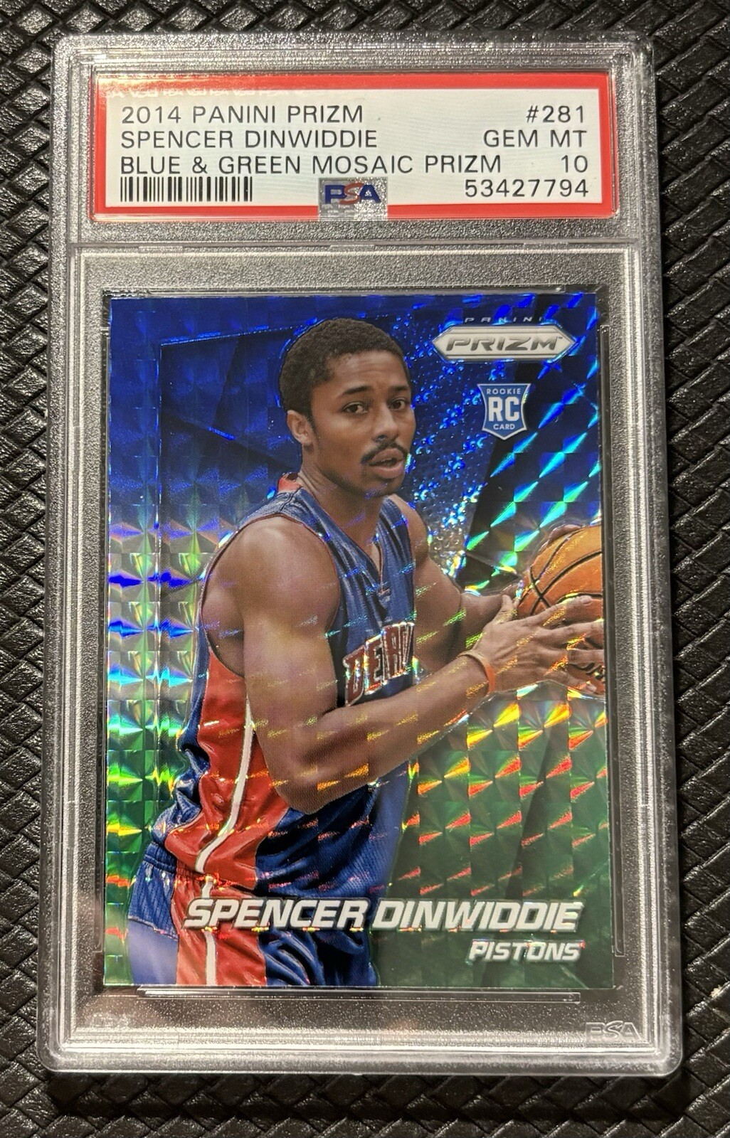 SPENCER DINWIDDIE 2014 Panini Prizm #281 Blue Green Mosaic Rookie Pistons PSA 10