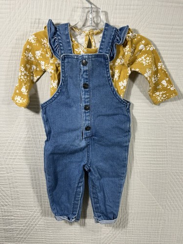 Carters Baby Girl LS Bunny Floral Yellow Knit Shirt 6 M And Denim Overalls 6 M - Picture 2 of 8