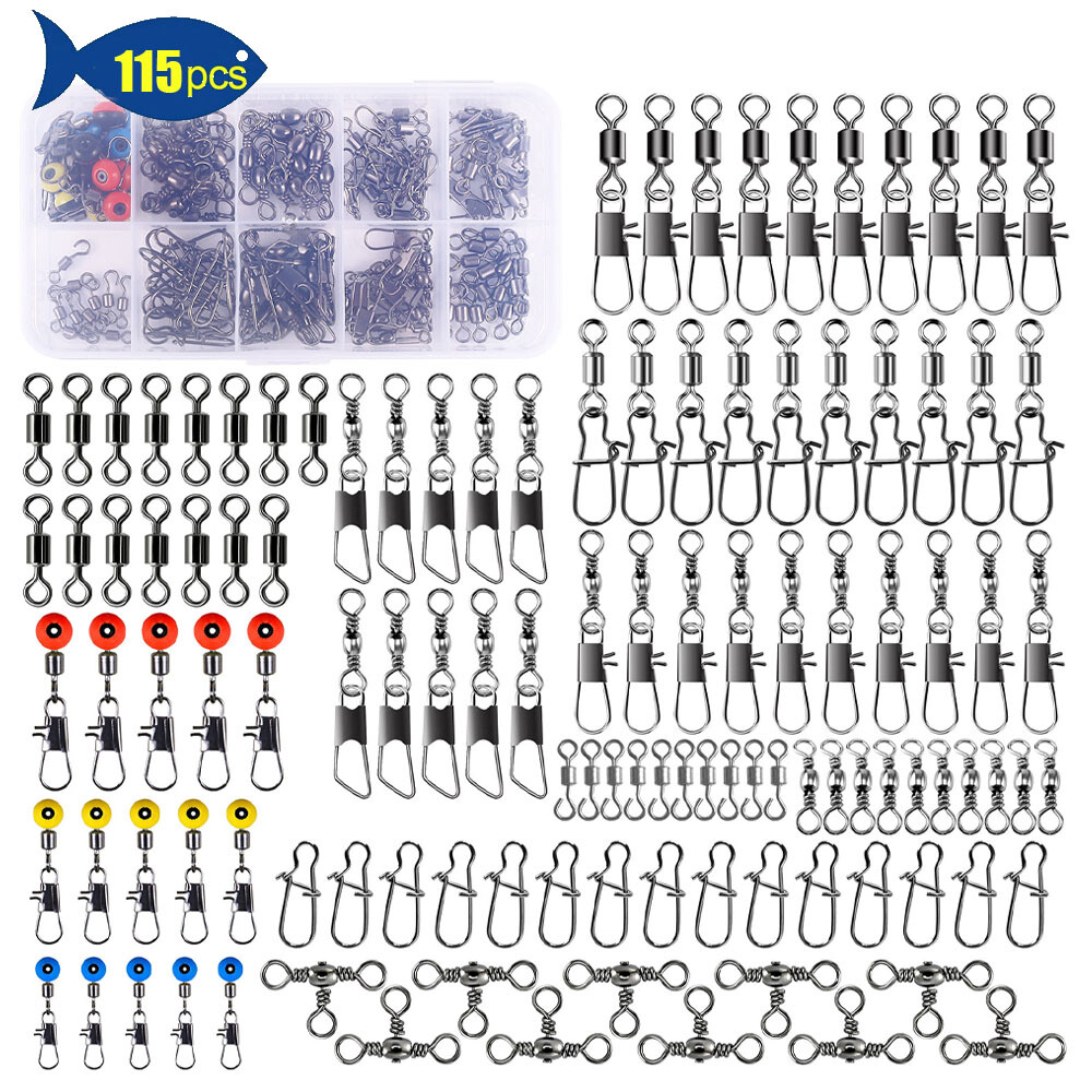 115pcs Fishing Swivels Kit 3Way Swivels Rolling Barrel Swivel Cross Line Swivel