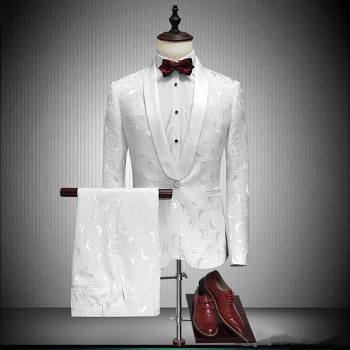 Men Shawl Lapel White Jacquard Paisley Tuxedos Groom Wedding Prom Suit Custom - Picture 10 of 11