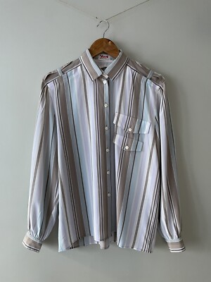Vintage 80er Jahre Yarell Bluse UK 10 Creme Flieder Streifen Retro German Office (34)